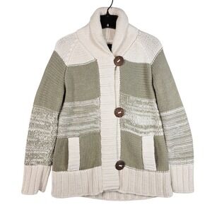 Hand-knit Cabin Coastal Patchwork Sweater Cowl Neck Button Front Chunky‎ Neutral